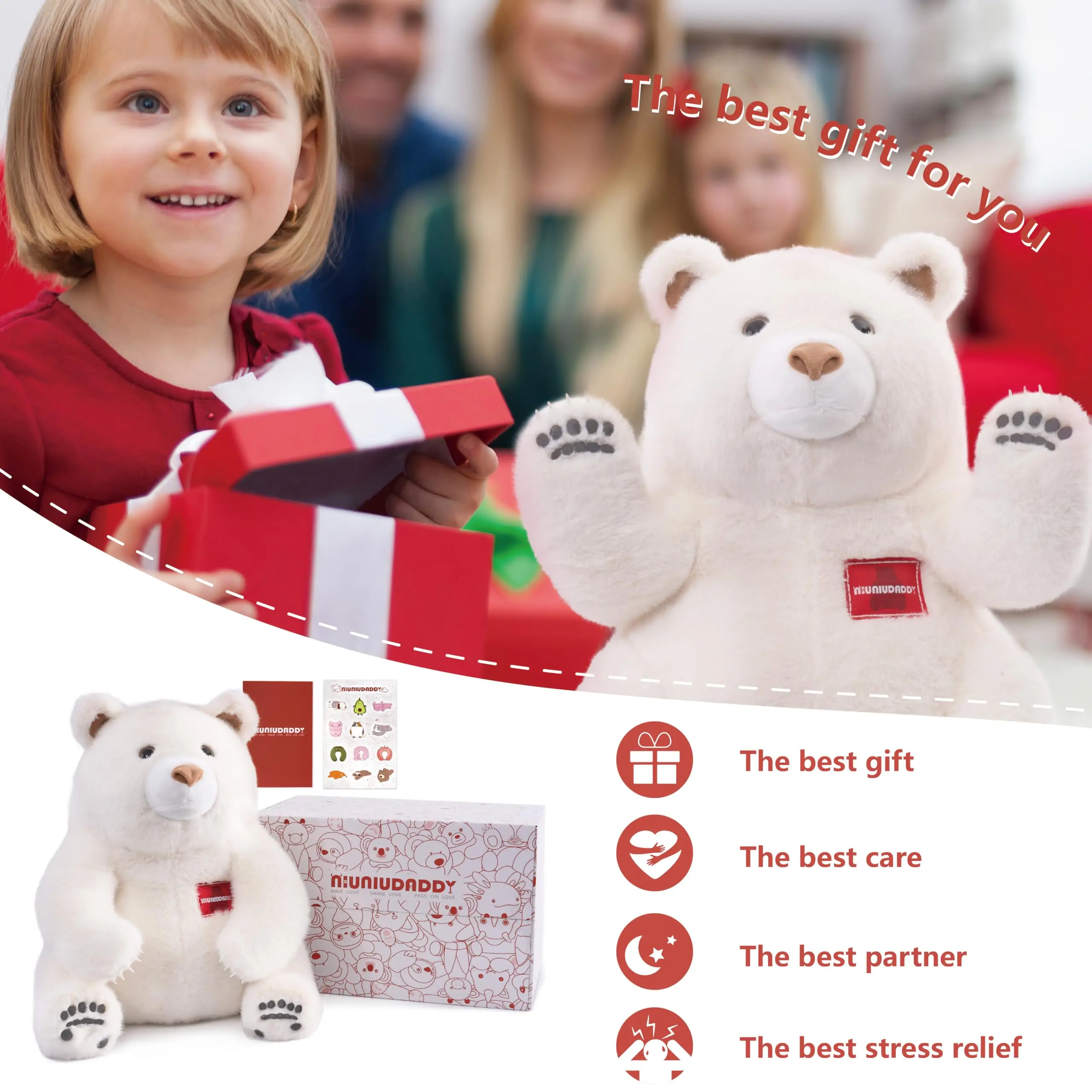 Niuniu Daddy 35,6 cm großer Teddy-Eisbär, gewichtetes Stofftier, 8,9 kg, Körperkissen, Plüschtier für Kinder und Erwachsene, Geschenk, Geburtstag, Weihnachten