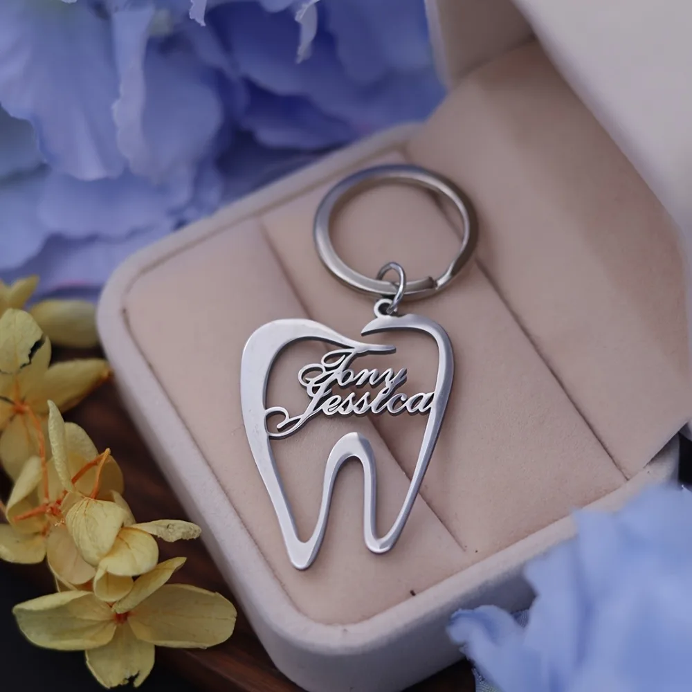 Custom Name Tooth Pattern Stainless Steel Keychain, Unisex Elegant Birthday Gift for Dentists Doctors