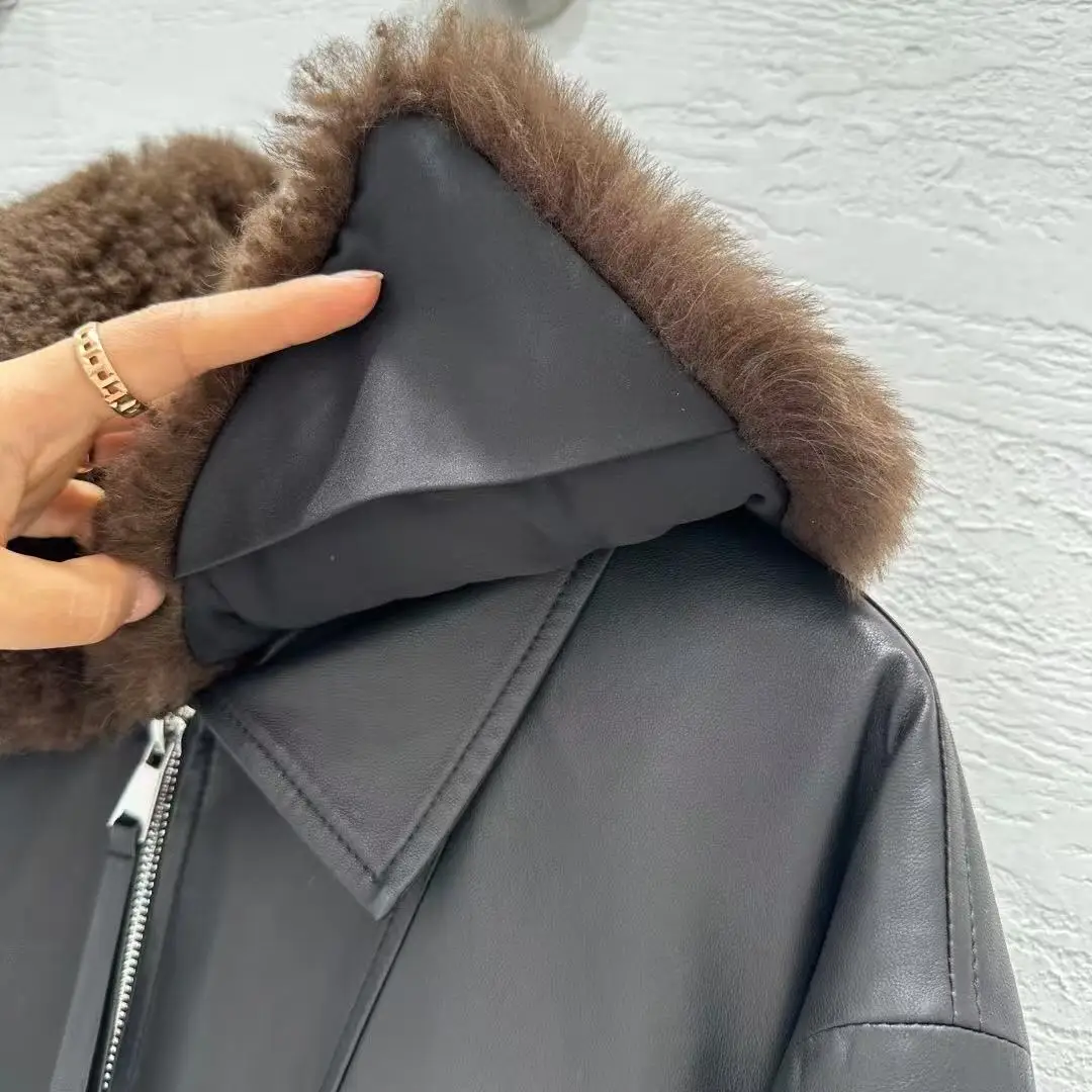 캐주얼 여성 가죽 재킷 양털 칼라