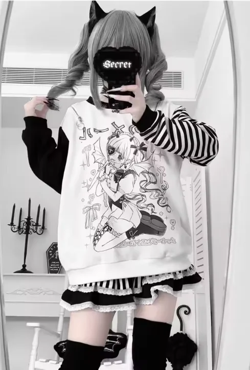 Cute Cartoon Tshirt Hip Hop Pink T-shirt Boyfriend Korea T Shirt Long Sleeve Loose Striped Tshirt Streetwear Autumn Tops Girl view 5