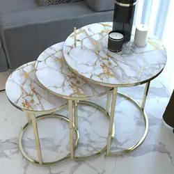 Decorative Gold Nesting Table Set of 3 Unbreakable Tempered Glass Luxury Marble Design Home Living Room 3Pcs Furniture Accessory