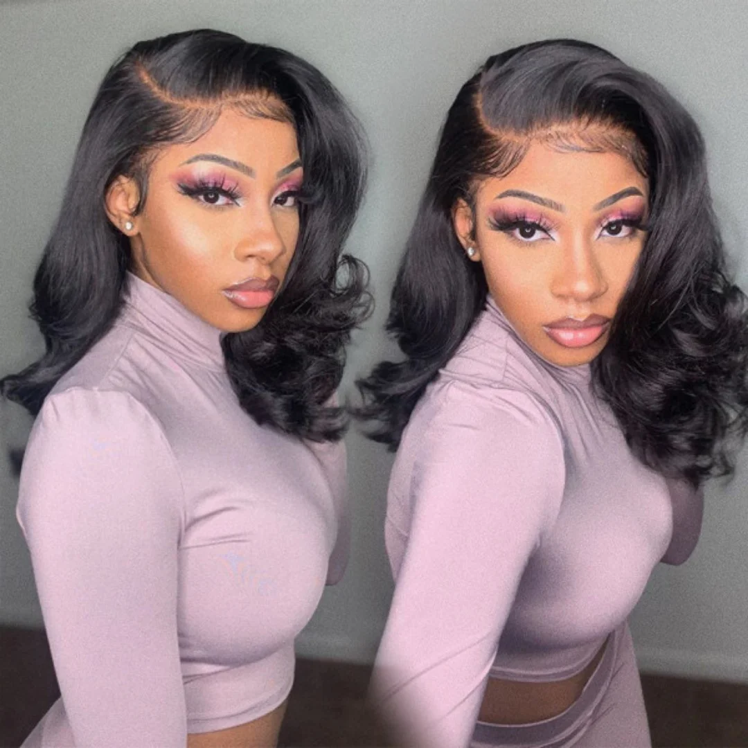 Pre-Styled Body Wave Short Bob Wig Transparent Lace Wigs 13x4 Glueless Wig Ready To Go Short Bob Wigs Body Wave Human Hair