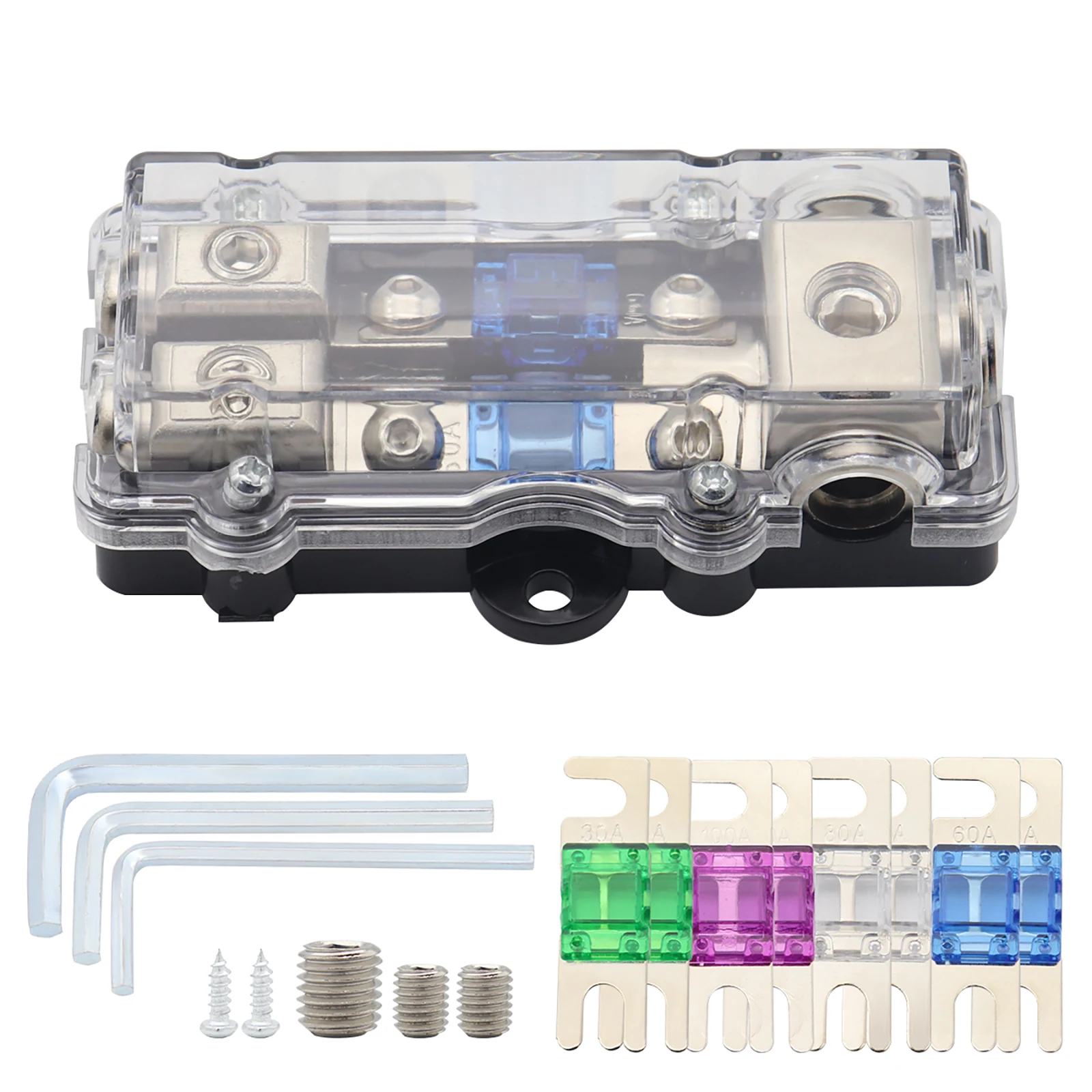 

DC12V 2 Way 3 IN-2 OUT 4-Gauge to 8-Gauge ANL Fuse Holder Distribution Block with 30/60/80/100A Fuse For Car Audio Video Stereo