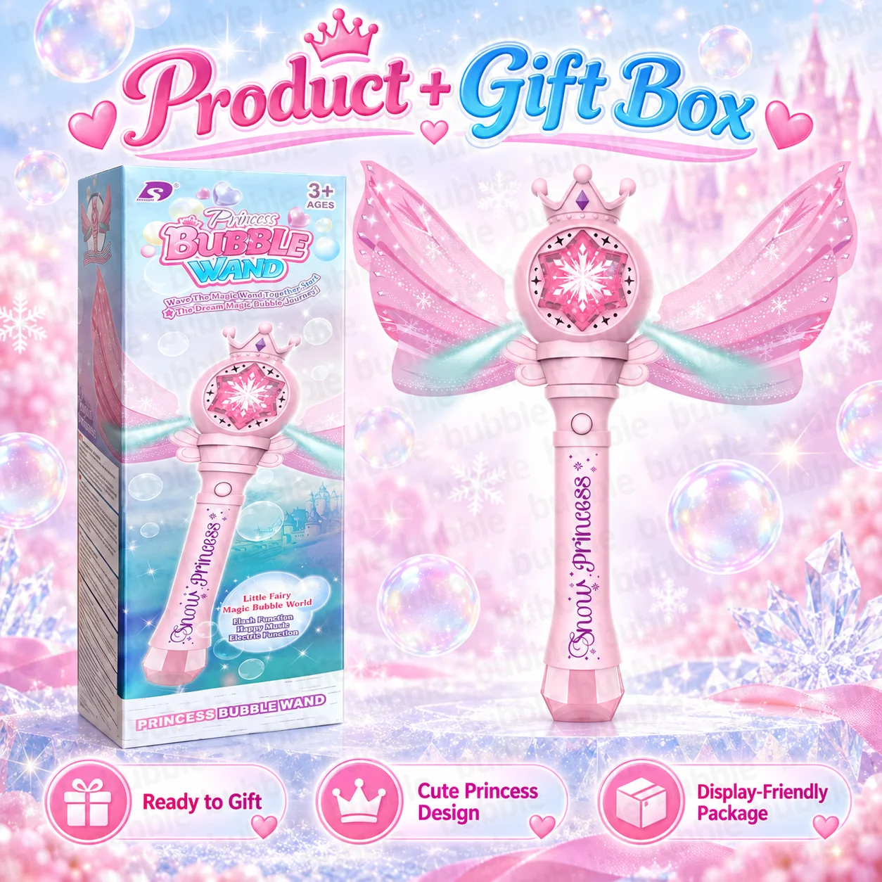 Princess Butterfly Bubble Wand for Girls, Pink Snowflake Light & Music Toy, Gift Box, Batteries and Bubble Solution Not Included