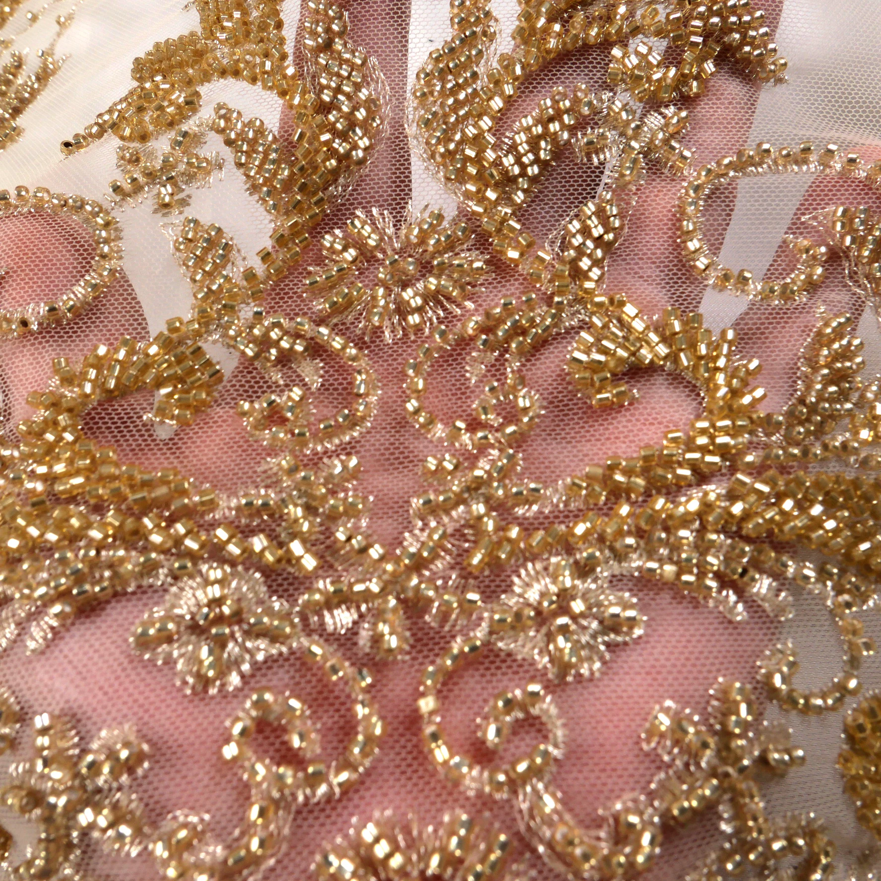La Belleza beautiful Gold lace fabric special disign, heavy beaded wedding prom dress lace fabric 47\'\' width 1 yard