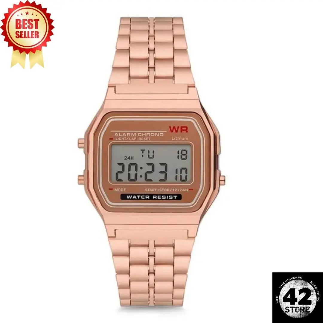 Jam tangan wanita Digital seri Retro logam merah muda