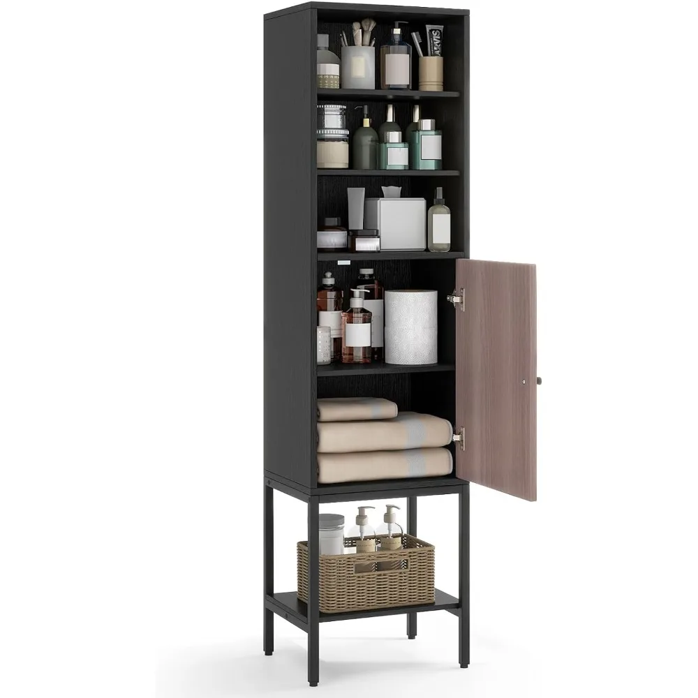 

Высокий напольный шкаф для ванной комнаты с 1 дверцей и 4 полками, 57 дюймов в высоту, узкий, с регулируемыми полками