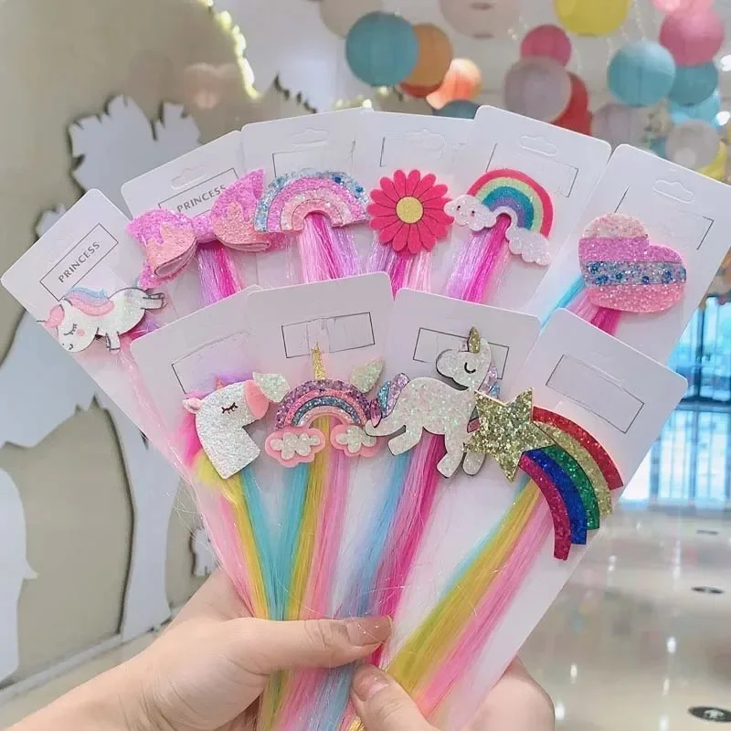 Perruques colorées pour filles, pinces à cheveux licorne queue de cheval, nœuds, bandeaux de princesse, cravates, couvre-chef tressé, accessoires cadeaux pour enfants
