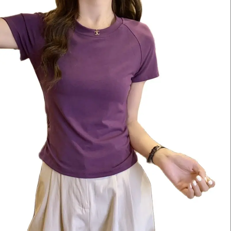 Female Short Sleeve T-shirt for Summer, Back Hollow Design, Slim Fit with Pleats, Waist-Cinching, Women's Top