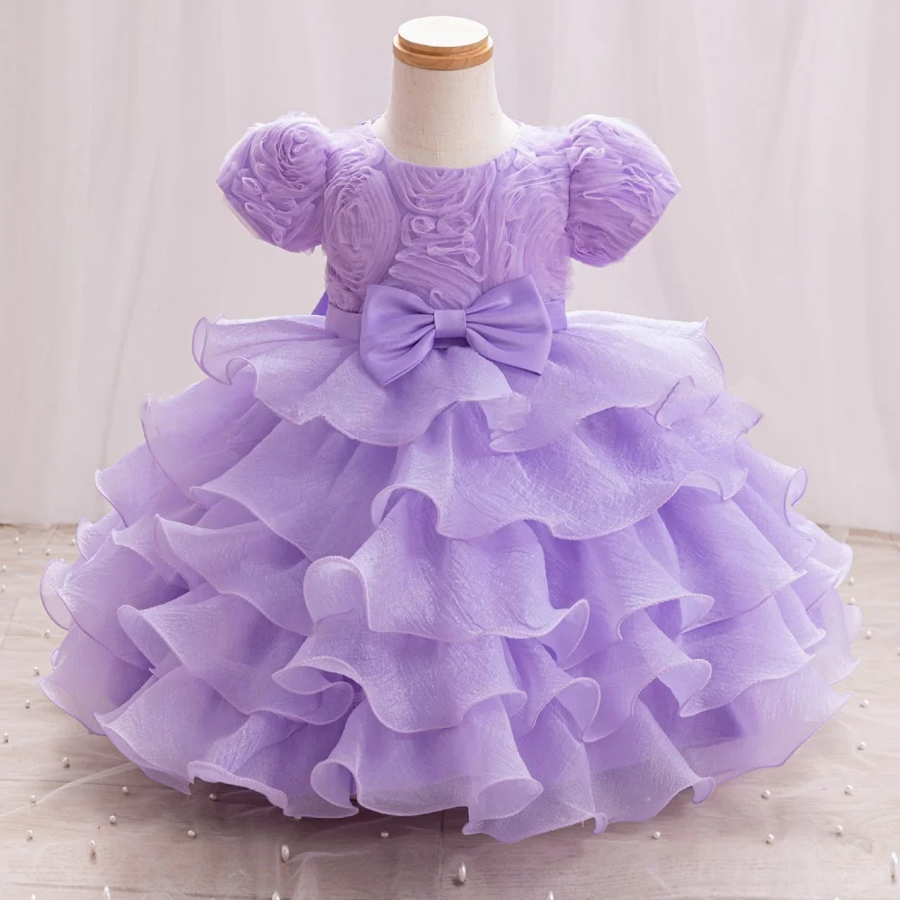 

Girls Puff Sleeve Bow Princess Dress Baby Birthday Cake Dress Wedding Flower Girl Dress Stage Performance Beauty Contest Costume