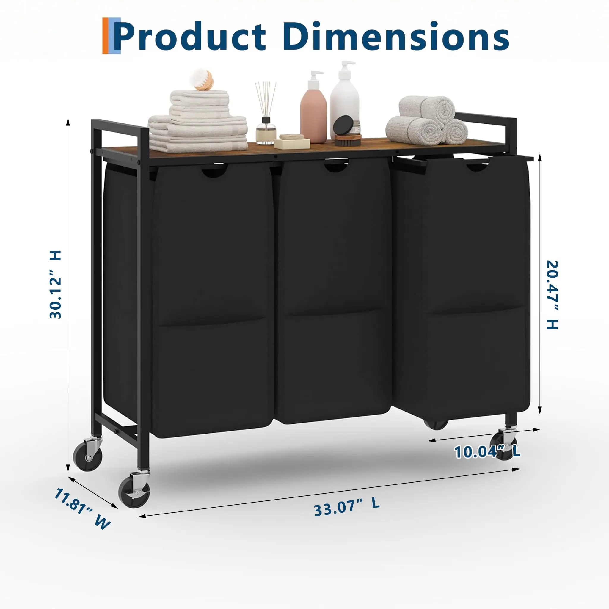 3-zakken wasmandenwagen met wielen, grote capaciteit van 40L zakken, stevig metalen frame, 100 lbs bovenste plank, uitneembare uittrekbare zakken, wasmandenorganizer voor slaapkamer, badkamer,