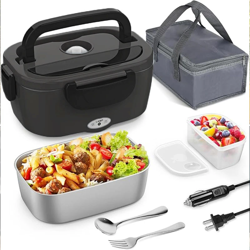 2 in 1 Electric Lunch Box 1.5L 60W healthy Steel Food Warmer 12V 24V Portable Food Heating Container Set Bento Box