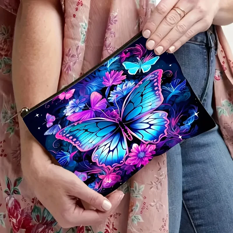 1Pc Dreamy Purple Butterfly and Flower Retro Design Multifunctional Travel Makeup Bag, Snack Storage Bag, Stationery Storage Bag, Fashionable Toiletry Bag, Canvas Double-Sided Printed Zipper Pouch