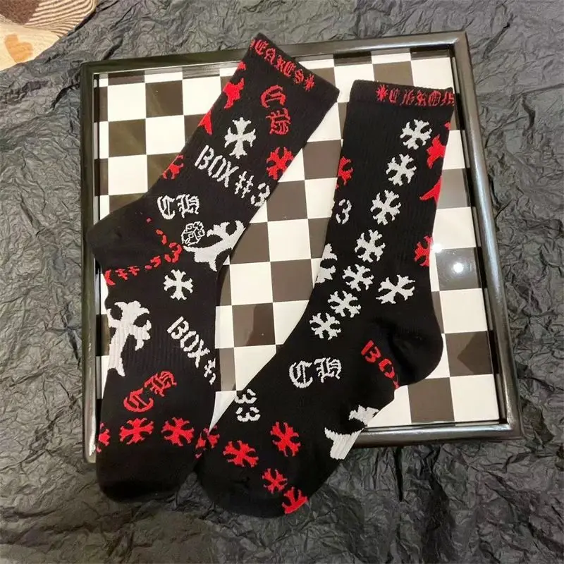 CHROME HEARTS 2025 New Men's and Women's Same Style Cotton Black and White Graffiti Socks Street Personalized Letter Socks