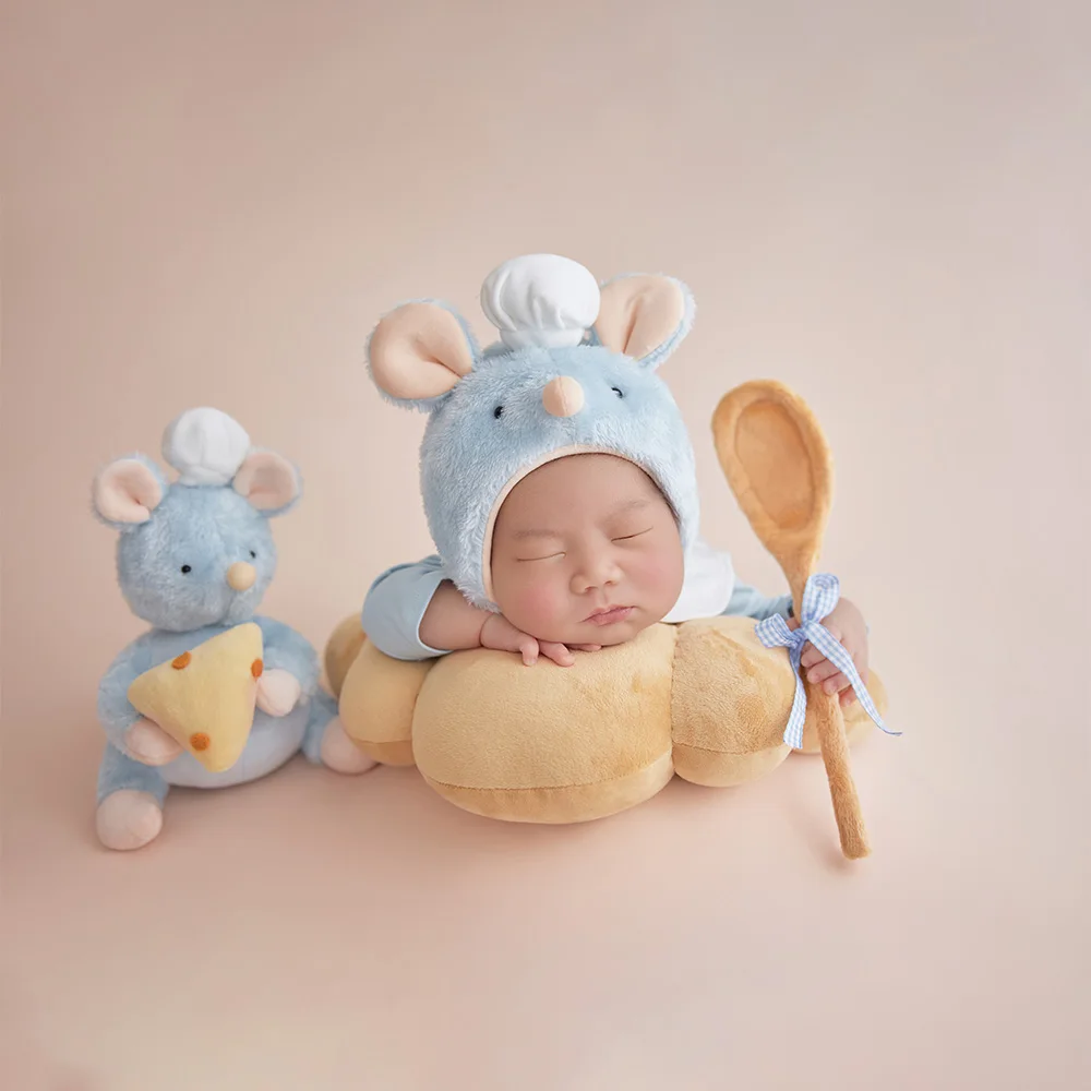 Infant Photo Shoot Props Cute Chef Mouse Hat with Ears Plush Food Toys Chef Mouse Doll Newborn Studio Professional Accessories view 5