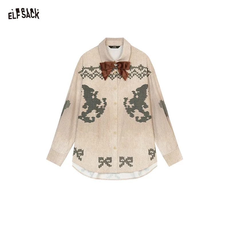 ELFSACK 2024 Winter New Arrivals Retro Preppy Style Detachable Bow Original Printed Shirt for Women