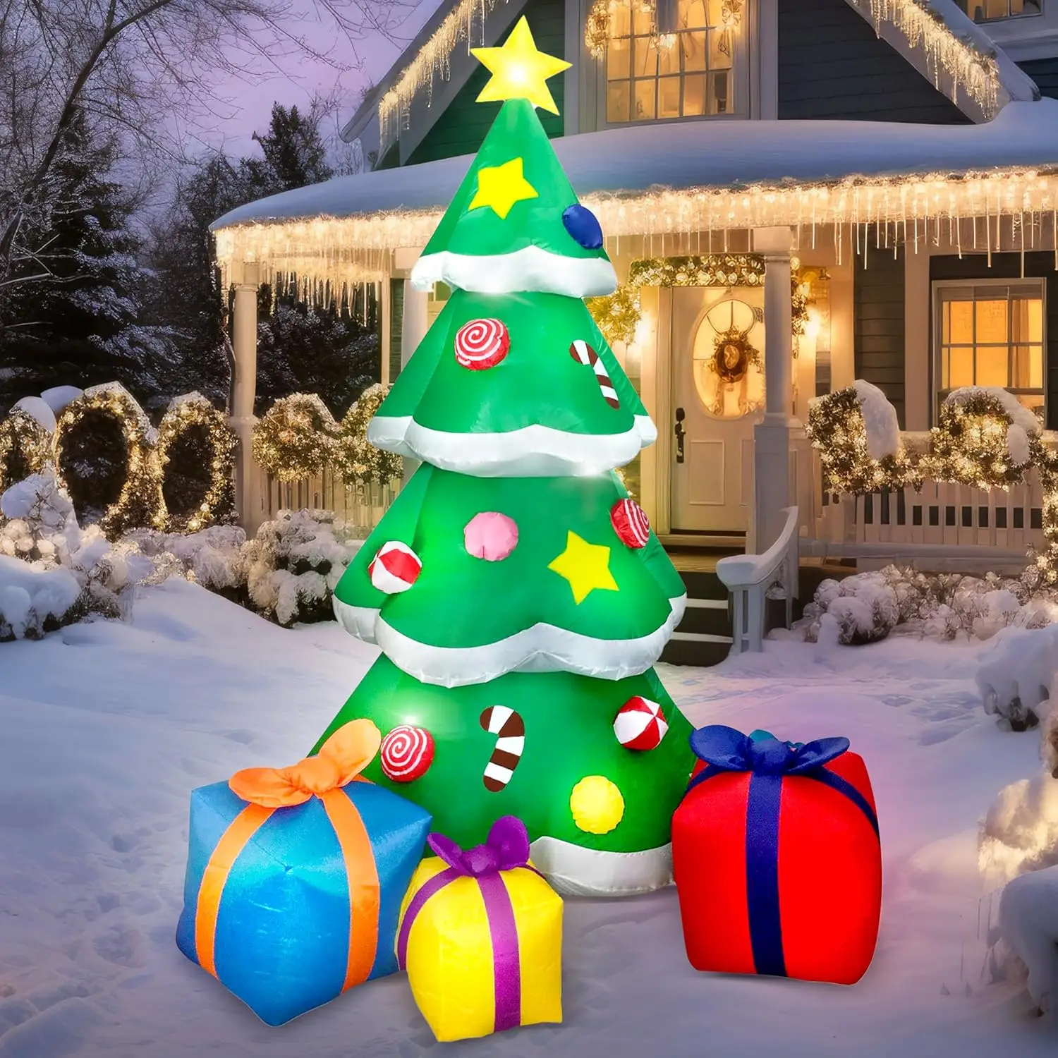 

7FT Christmas Tree Inflatables Outdoor Decoration, Giant Christmas Inflatable Tree with 3 Gift Boxes with Build-in LEDs for Blo