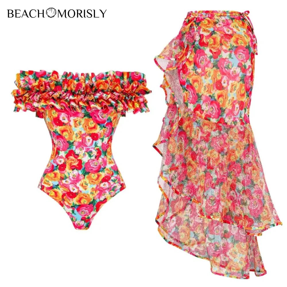 Women Off Shoulder Swimsuit and Skirt Printed Onepiece padded Swimwear Women Beachwear Bathing suit