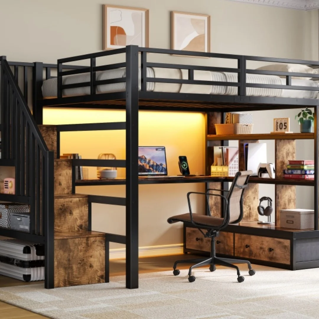 Cama alta metálica de 140x200 cm con escritorio y estantes, dos cajones integrados, escalera con espacio de almacenamiento, color negro