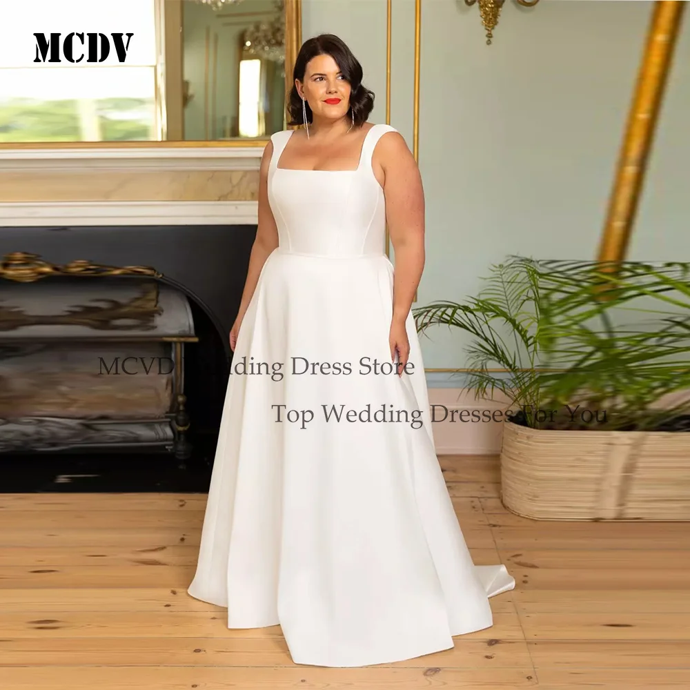 

MCDV Simple A-Line Wedding Plus Size Women Spaghetti Straps Button Backless Satin Elegant Bride Gowns robes de mariée Customized