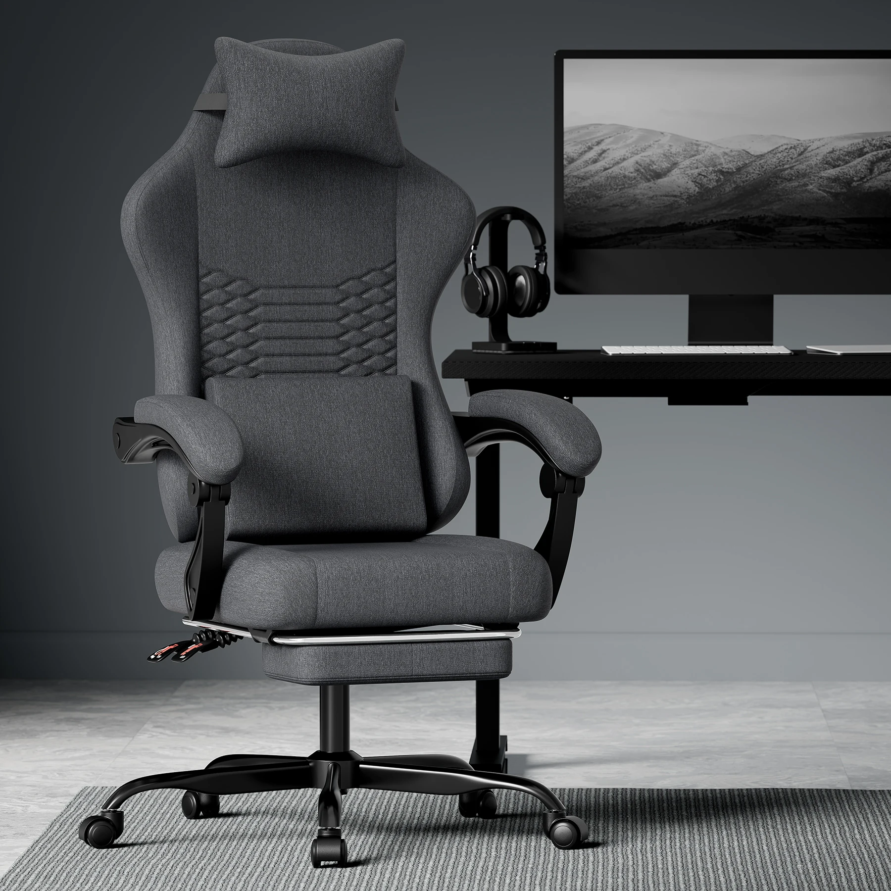 Silla de juego de tela gris oscuro, silla ergonómica de estilo racing para computadora con reposapiés, silla de oficina con masaje, soporte lumbar y reposacabezas, silla giratoria ajustable de respaldo alto para juegos y trabajo