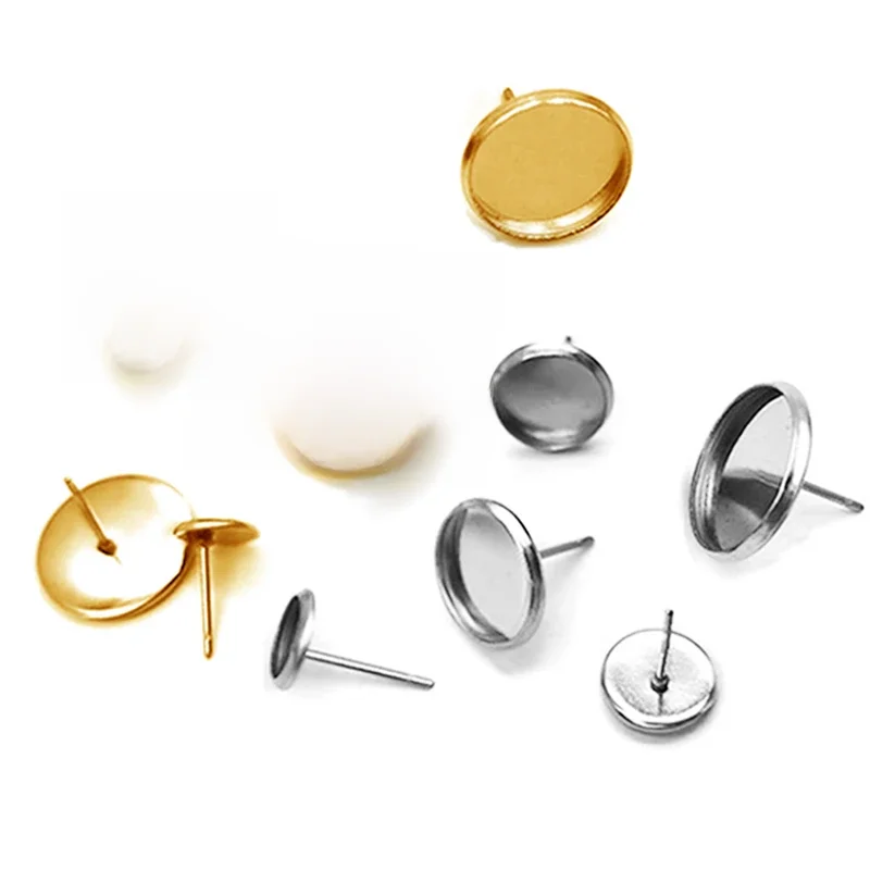 50 sztuk ze stali nierdzewnej kolczyk ustawienia bazowe fit szkło Cabochon przycisk puste podstawy ramki taca okrągłe kolczyki diy Making 6mm 8mm .. — zdjęcie 2