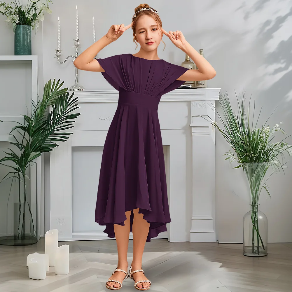 

Ethereal Scoop Neck Junior Bridesmaid Dress Twilight Blue Flower Girl Dress Asymmetrical Chiffon A-Line Garden Gala Wedding
