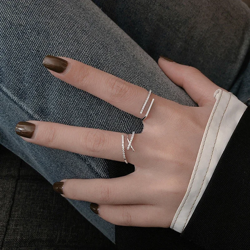 925 Sterling Silver Otwarty regulowany pierścionek Błyszcząca cyrkonia Wielofunkcyjna dekoracja Prosty palec wskazujący Kobieca biżuteria ślubna — zdjęcie 2