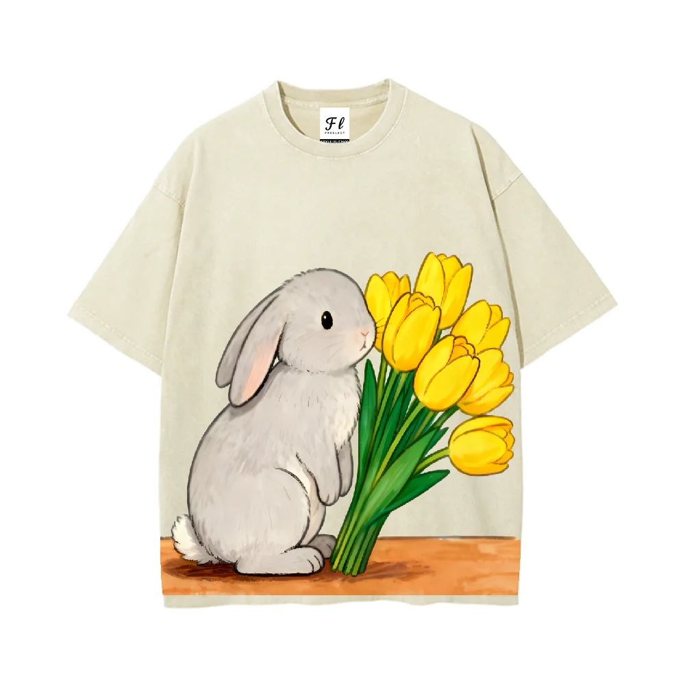 

Cute Cartoon Rabbit With Yellow Tulips Printed Vintage Style Casual Loose Fit Short Sleeve T Shirt For Women And Men Fashion