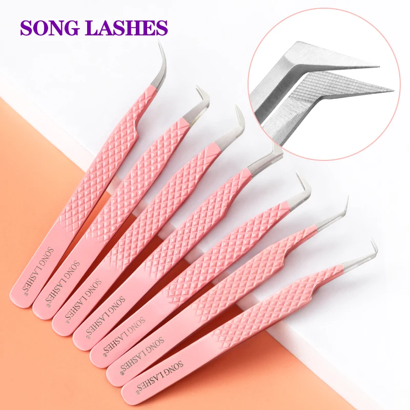 

Song Lashes Pink Fiber Tips Tweezers High Precision Eyelash Extension Tweezers Volume Lashes Application Makeup Tools