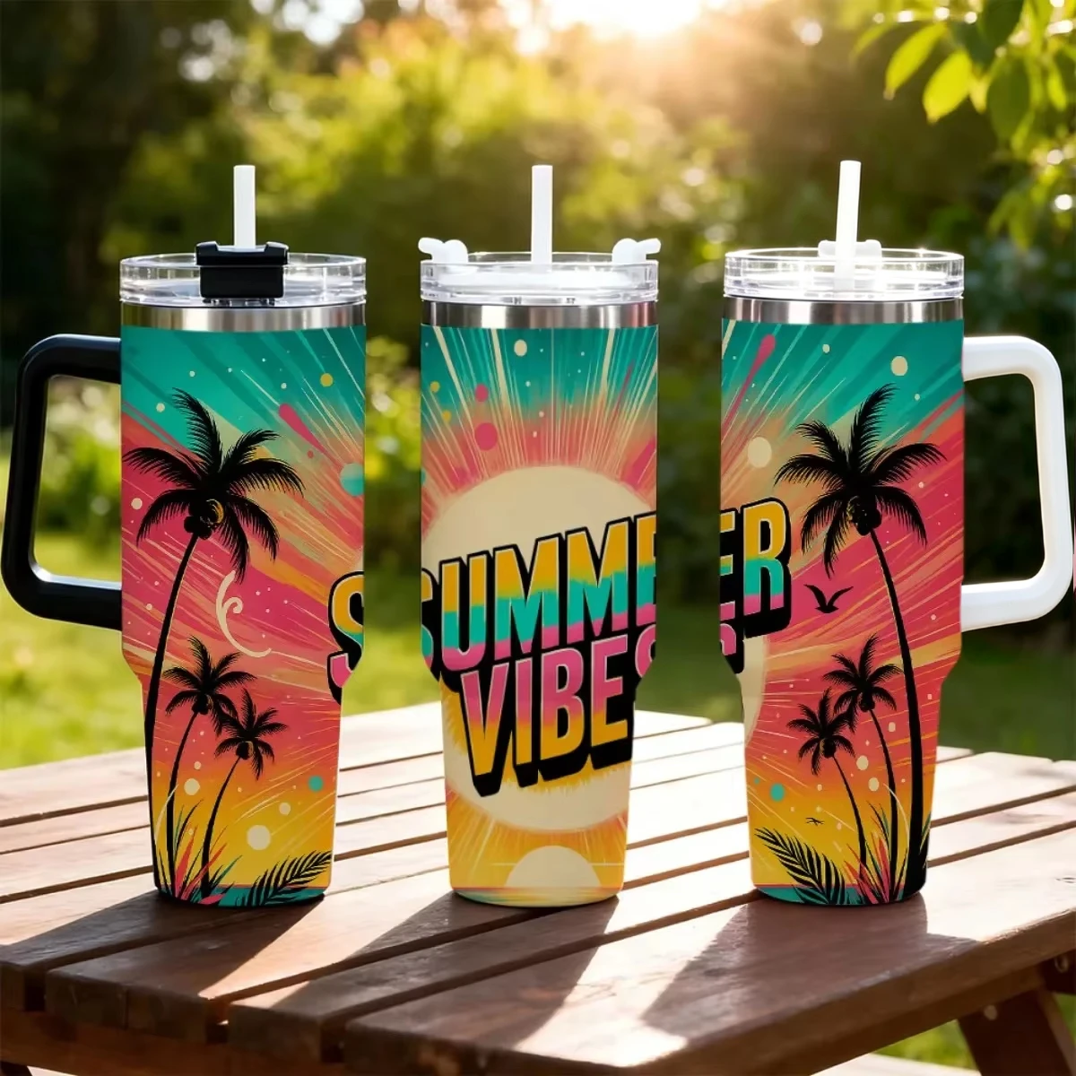 Summer Vibes Palm Tree 40oz Tumbler, Insulated Stainless Steel Travel Mug With Handle and Straw, Tropical Sunset Print Cup for Camping Beach Pink handle out of stock. White will be sent by default upon order.