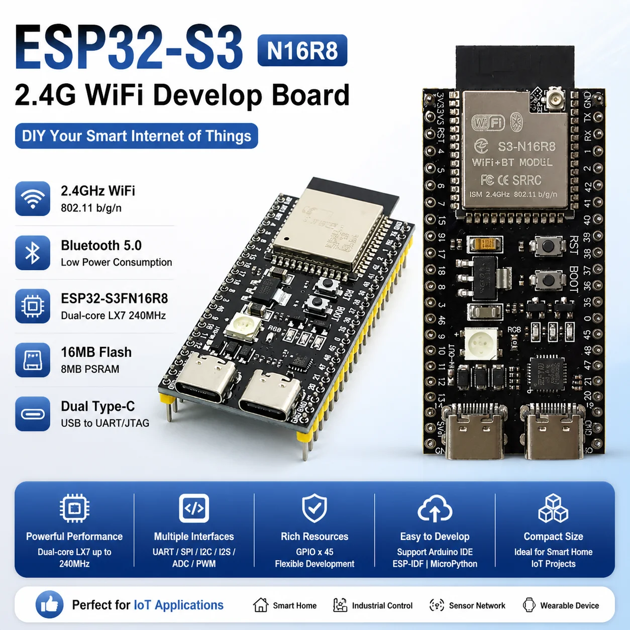 ESP32-S3 Development Board 2.4G Wifi Module for Arduino ESP IDF ESP32-S3-WROOM-1 N8R2 N16R8 44Pin Type-C 8M PSRAM ESP32 S3