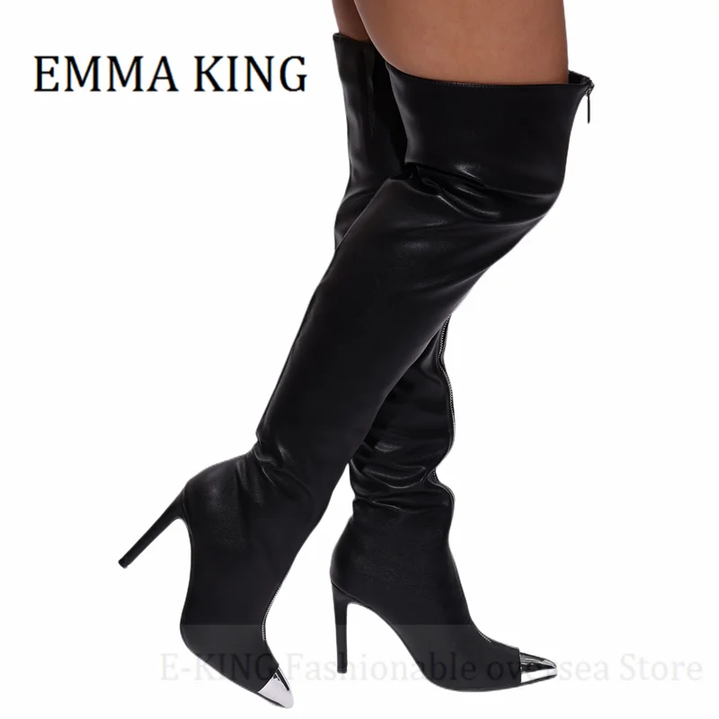 2022 Women Front Zipper Thigh High Boots Faux Leather High-heeled Over The Knee Boots Sexy Stilettos Botas Ladies Fashion Shoes