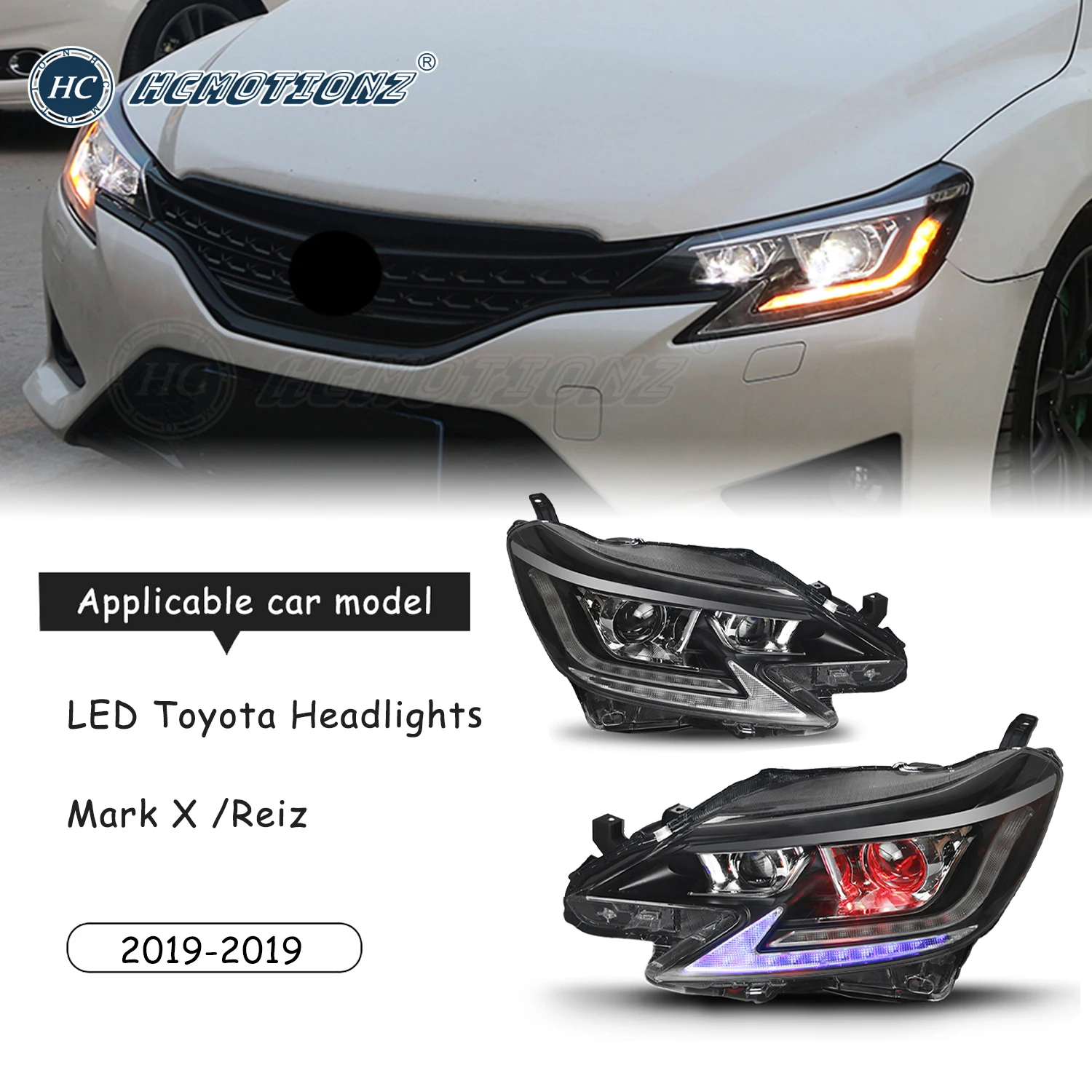 

HCMOTIONZ LED Headlights For Toyota Mark X / Reiz 2014-2019 DRL Start UP Animation Car Front Lamps Assembly with Red Demon Eyes