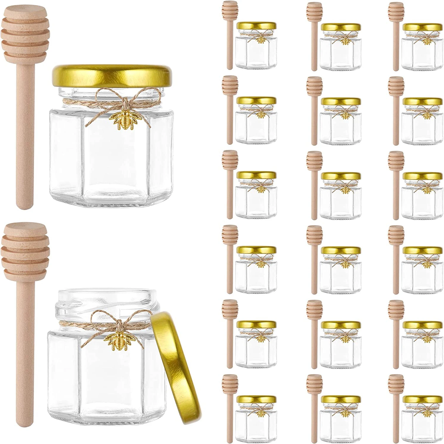 Mini Honey jars-Hexagon honey jars with wooden spoon, bee pendant,Glass Honey jars with lids, Baby Shower, Wedding Favors