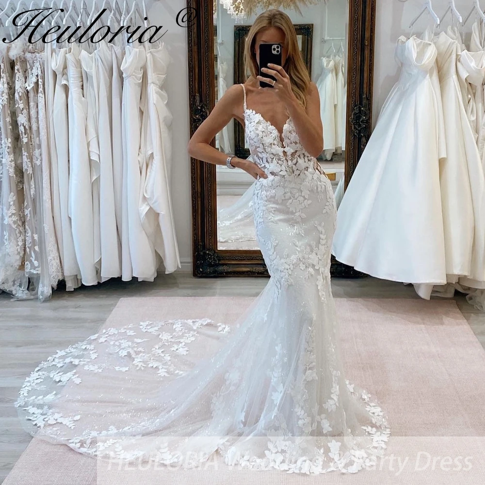 HEULORIA elegantes Meerjungfrau-Hochzeitskleid, Spaghettiträger, Spitzen-Brautkleid mit glitzerndem Glitzer-Tüll, Robe De Mariee-Hochzeitskleid