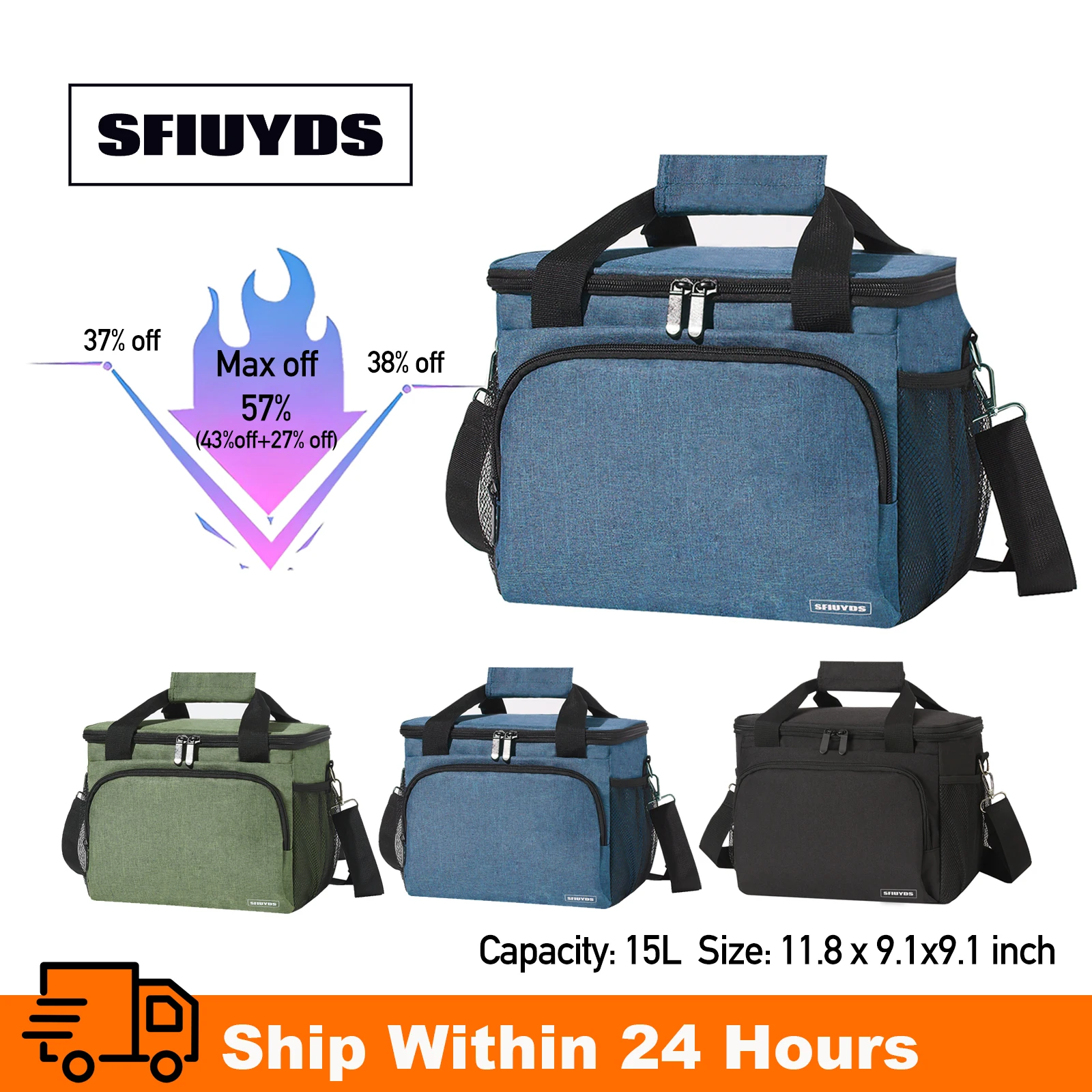 Cooler Lunch Bag Waterproof, Brand SFIUYDS Thermal Food Case, Insulated Bags With Adjustable Shoulder Strap, Picnic, Hiking,15L