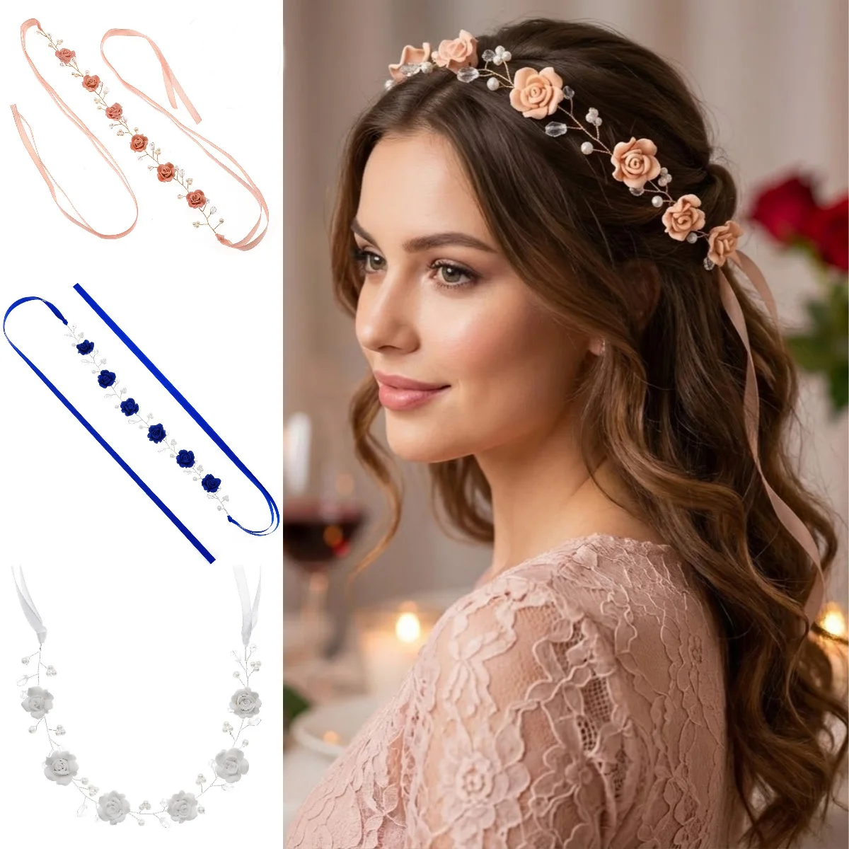 Handmade Peach Rose Flower Hair Vine Pearl Crystal Bridal Headband Soft Floral Crown Hair Accessories for Women