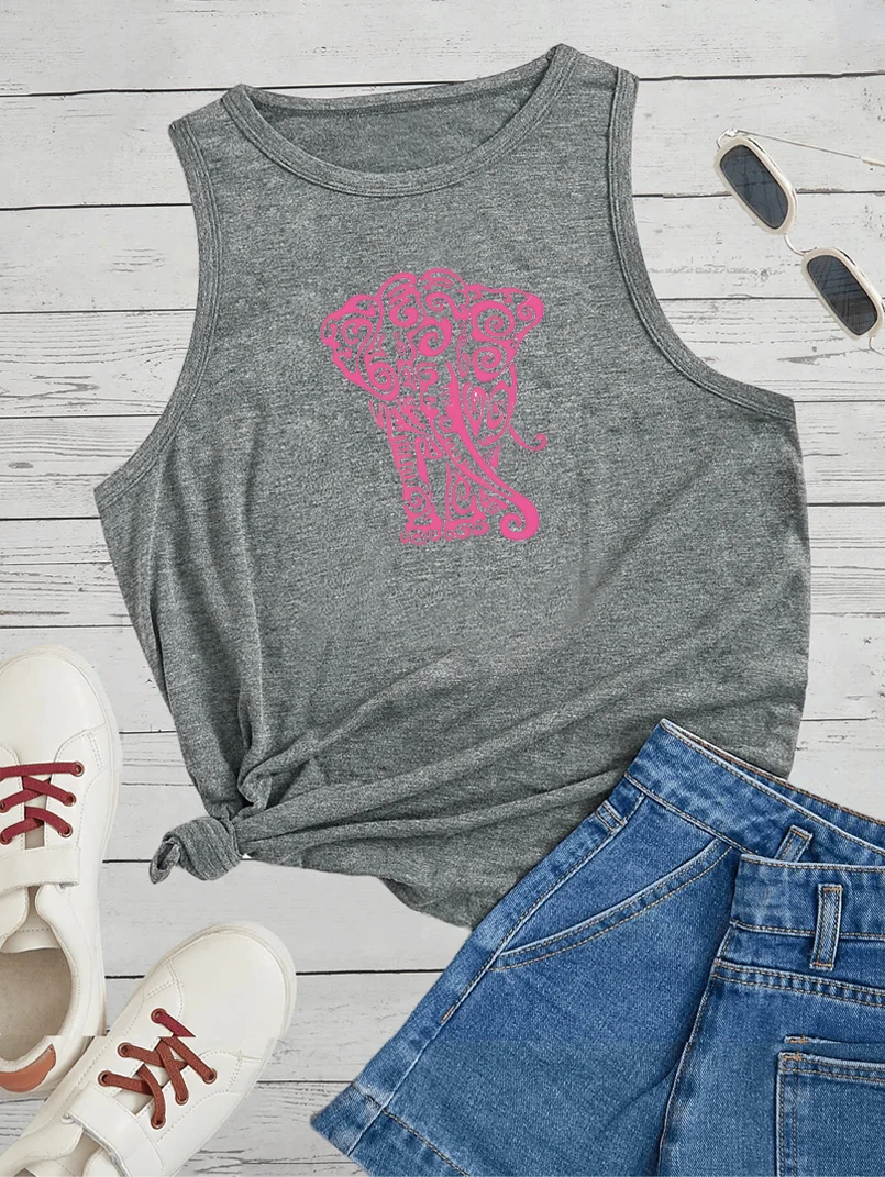 Pink Animal Lephant Love Printed Sports Fashion Women's Tank Top Loose O Neck Sleeveless Casual Tank Top For Clothing image 4
