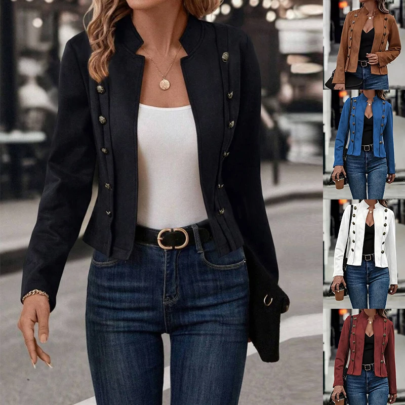 

Slim Fit Solid Color Double-breasted Decorative Women Jacket Open Front Buttons Stand Collar Long Sleeve Woman Cardigan Jackets