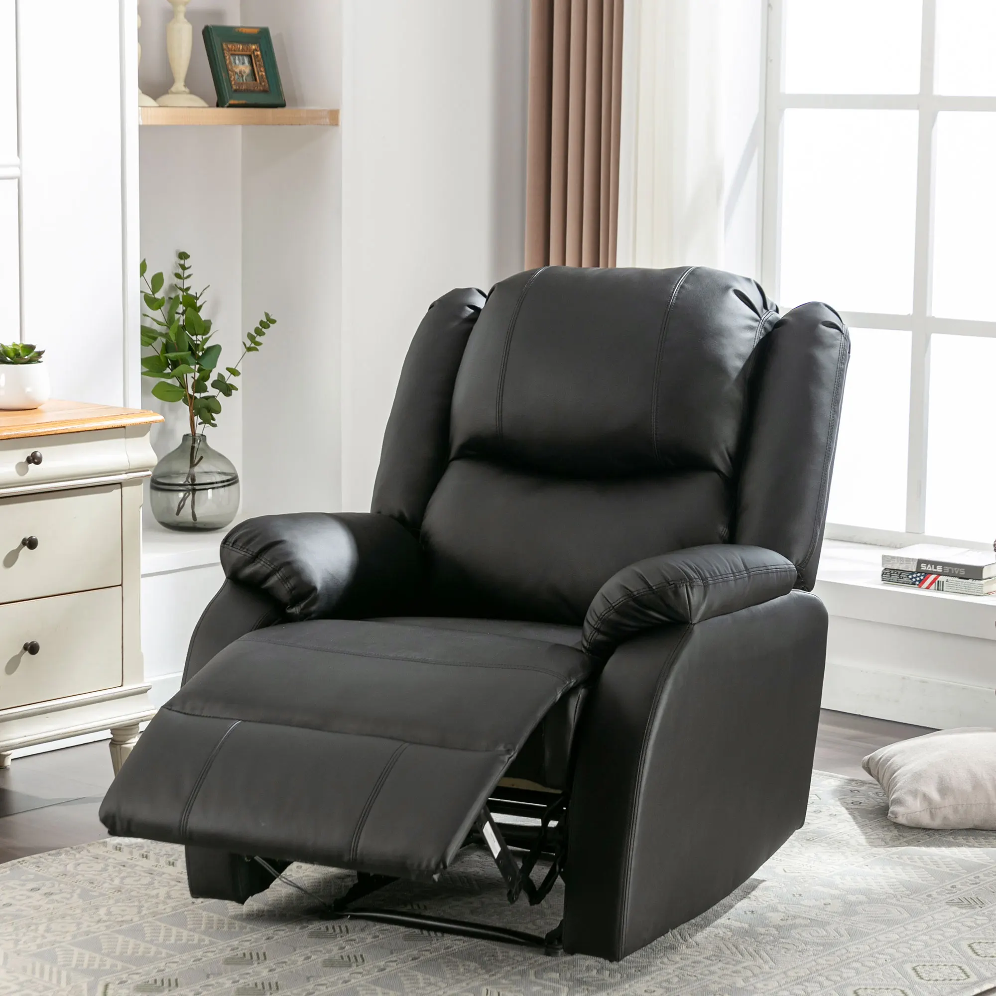 XXL PU Leather Manual Recliner Chair w/ Side Pocket. Soft Padded Single Sofa & Accent Chair for Living Room, Home Theater Seat.