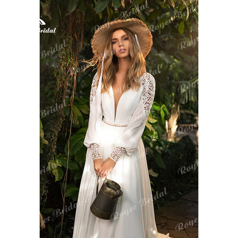 Gaun pernikahan Bohemian 2025 gaun pengantin lengan Puff renda sifon elastis gaun pengantin Arab gaun pengantin Boho Hippie jubah cantik