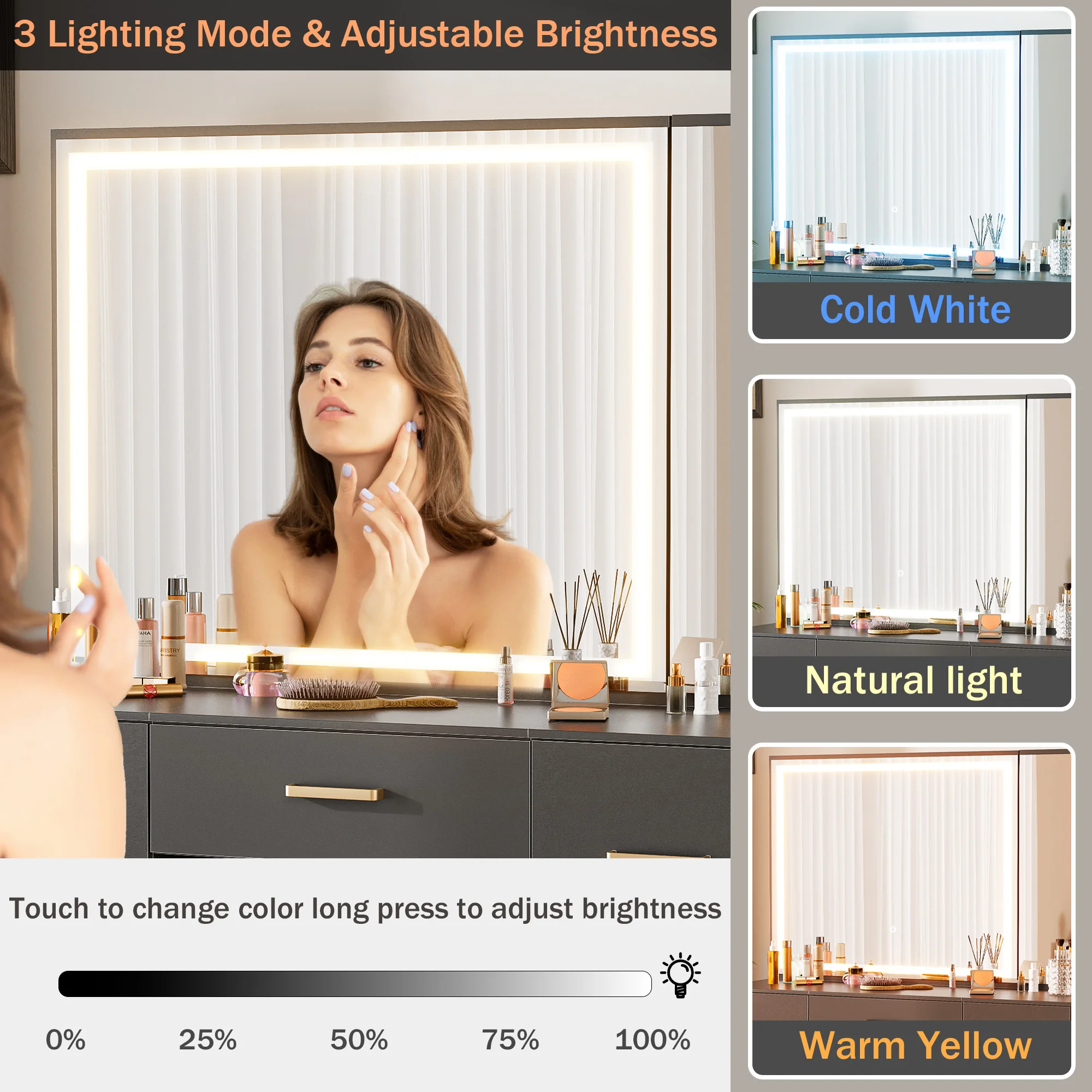 طاولة زينة خشبية مع مقعد/7 أدراج/مرآة/سطوع قابل للتعديل مناسبة لغرفة النوم وغرفة الملابس المنزلية