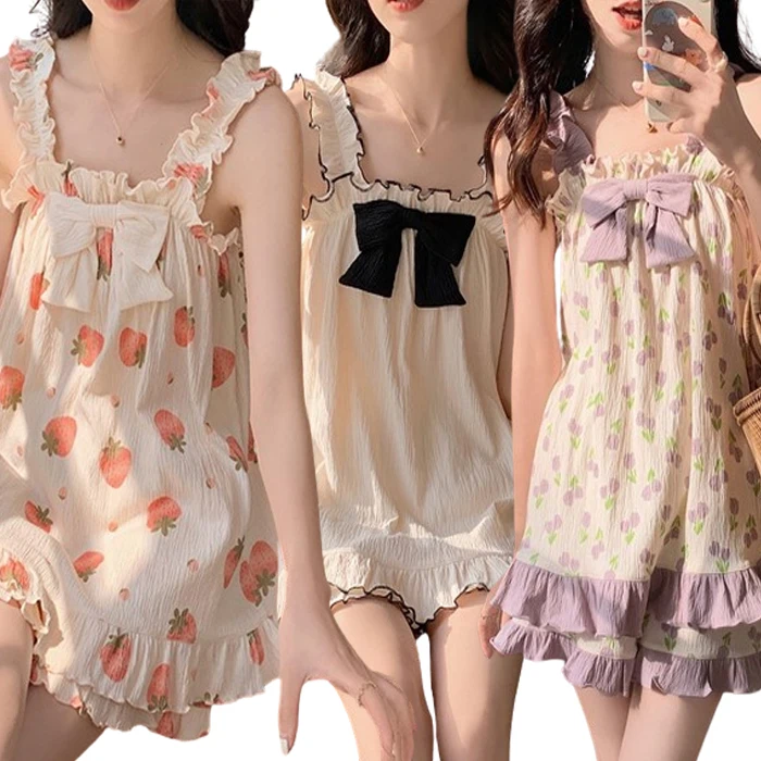 Pure cotton Women summer pajamas set big size frills women's nazianwant homewear pajamas