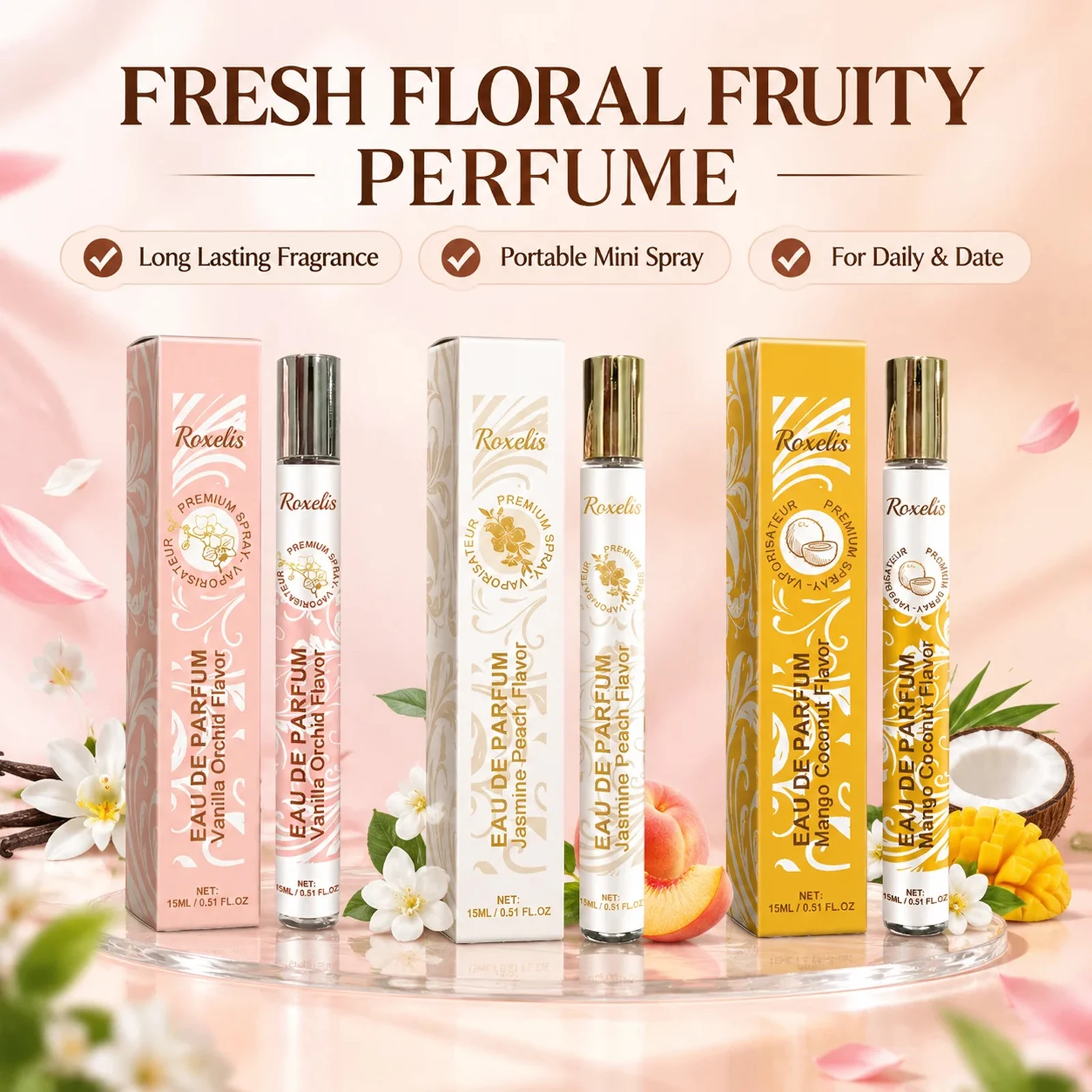 Roxelis Travel Perfume Set Mango Coconut Vanilla Orchid Jasmine Peach Long Lasting Portable Mini Spray For Daily Date 15ml Each