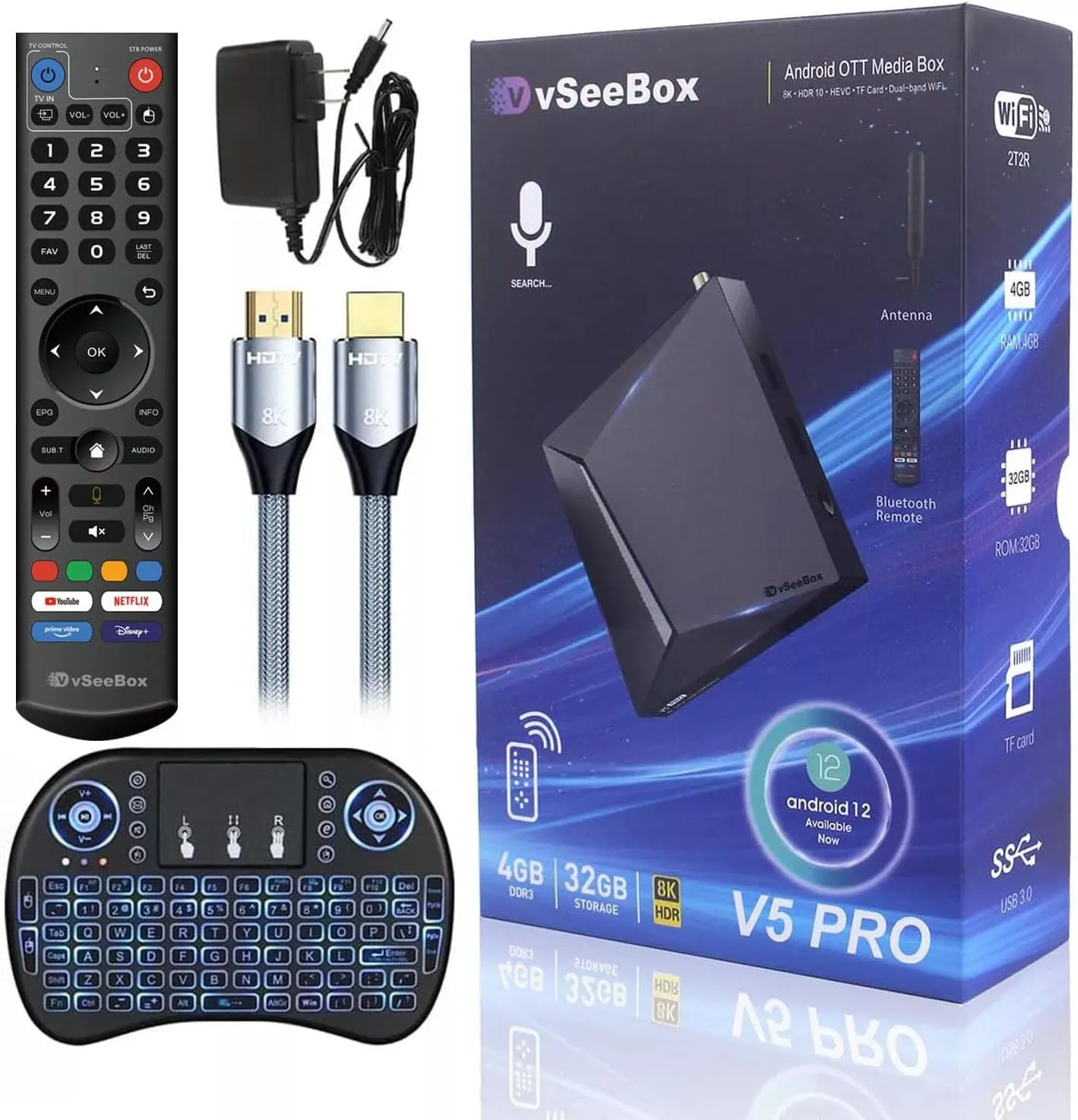 HOT SALES Buy 2 Get 1 Free vseebox v5 pro 8K HDR Android 12 4GB 32GB TV Box (Voice Remote Included)