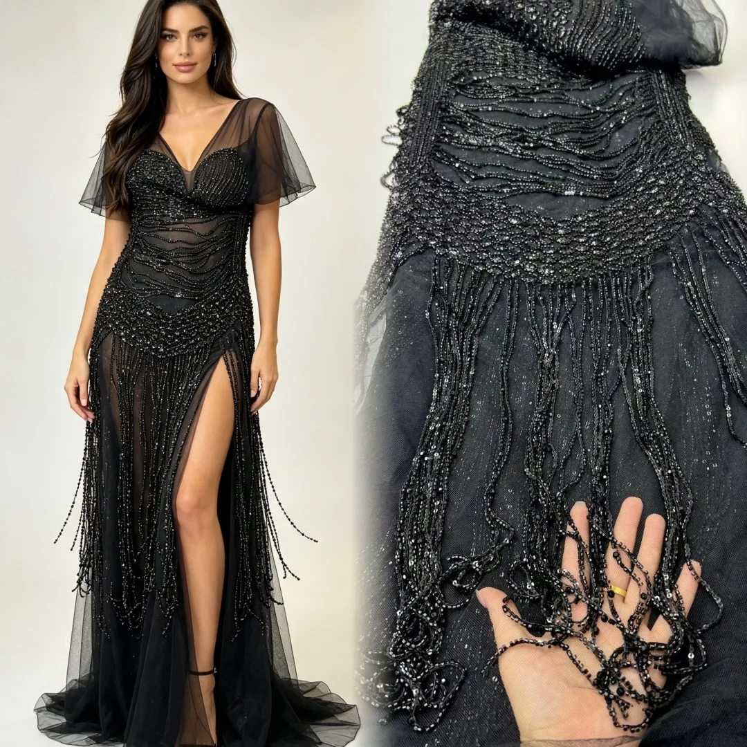 African Nigerian 3D Beaded Lace Fabric French Sequins Tulle Embroidery Dress Women Party Wedding Dress Sewing AT2913