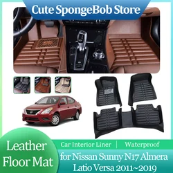 Car Leather Floor Mat for Nissan Sunny N17 Almera Latio Versa 2011~2019 Foot Interior Liner Waterproof Carpet Custom Accessories