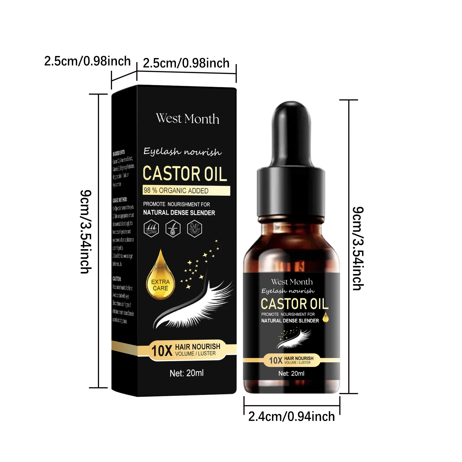 West&Month 20 ml Rizinusöl-Wimpernwachstumsserum, natürliches Wimpernverstärkungs-Serum für dickeres, voluminöses Augenbrauen-Verlängerungs-Serum für lockige Wimpern