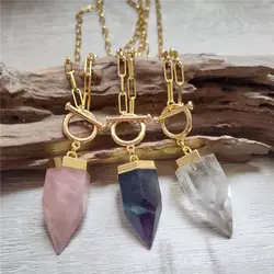 FUWO Natural Fluorite Rose/Clear Quartz OT Neckace, Mineral Crystal Point Lariat Link Necklace For Women NC411 5Pieces/Lot